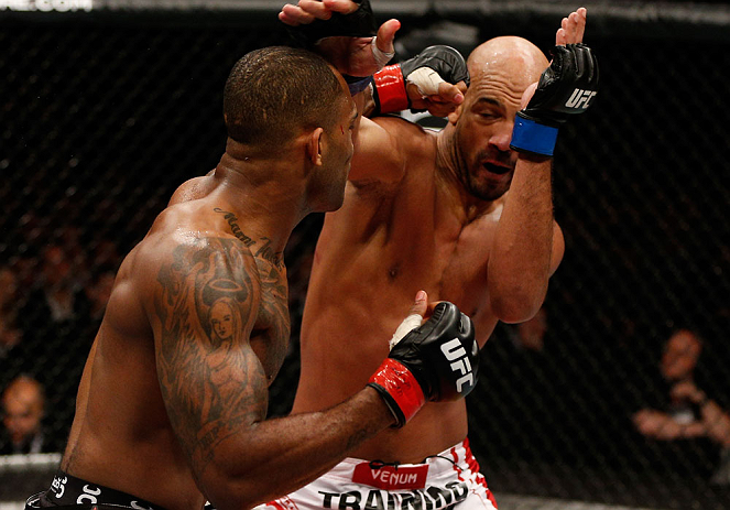 LONDON, ENGLAND - FEBRUARY 16: (L-R) Jimi Manuwa punches Cyrille Diabate in their light heavyweight fight during the UFC on Fuel TV event on February 16, 2013 at Wembley Arena in London, England. (Photo by Josh Hedges/Zuffa LLC/Zuffa LLC via Getty Images)