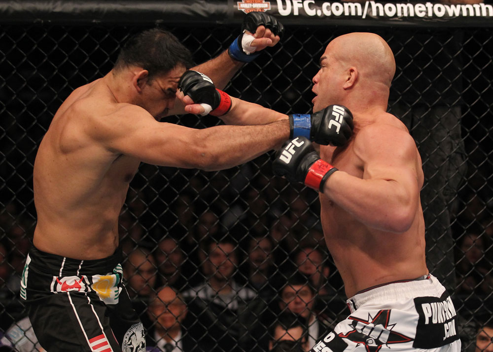 TORONTO, ON - DECEMBER 10:  (R-L) Tito Ortiz and Antonio Rogerio Nogueira trade punches during the UFC 140 event at Air Canada Centre on December 10, 2011 in Toronto, Ontario, Canada.  (Photo by Nick Laham/Zuffa LLC/Zuffa LLC via Getty Images)