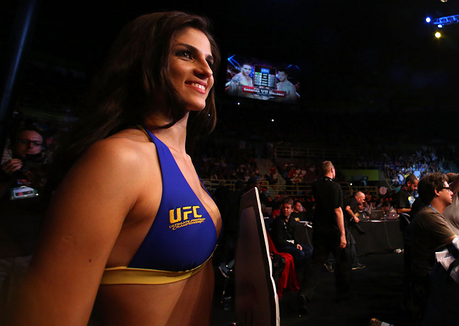 SAO PAULO, BRAZIL - JANUARY 19: UFC Octagon Girl Aline Caroline Franzoi looks on during the UFC on FX event on January 19, 2013 at Ibirapuera Gymnasium in Sao Paulo, Brazil. (Photo by Josh Hedges/Zuffa LLC/Zuffa LLC via Getty Images)