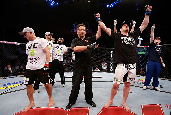 SAO PAULO, BRAZIL - JANUARY 19: C.B. Dolloway (R) reacts after defeating Daniel Sarafian in their middleweight fight at the UFC on FX event on January 19, 2013 at Ibirapuera Gymnasium in Sao Paulo, Brazil. (Photo by Josh Hedges/Zuffa LLC/Zuffa LLC via Getty Images)