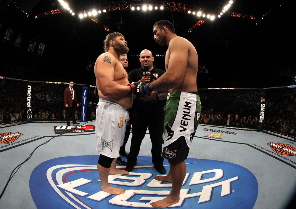 LAS VEGAS, NV - FEBRUARY 04:  (L-R) Roy Nelson and Fabricio Werdum touch gloves before their fight during the UFC 143 event at Mandalay Bay Events Center on February 4, 2012 in Las Vegas, Nevada.  (Photo by Josh Hedges/Zuffa LLC/Zuffa LLC via Getty Images) *** Local Caption *** Roy Nelson; Fabricio Werdum