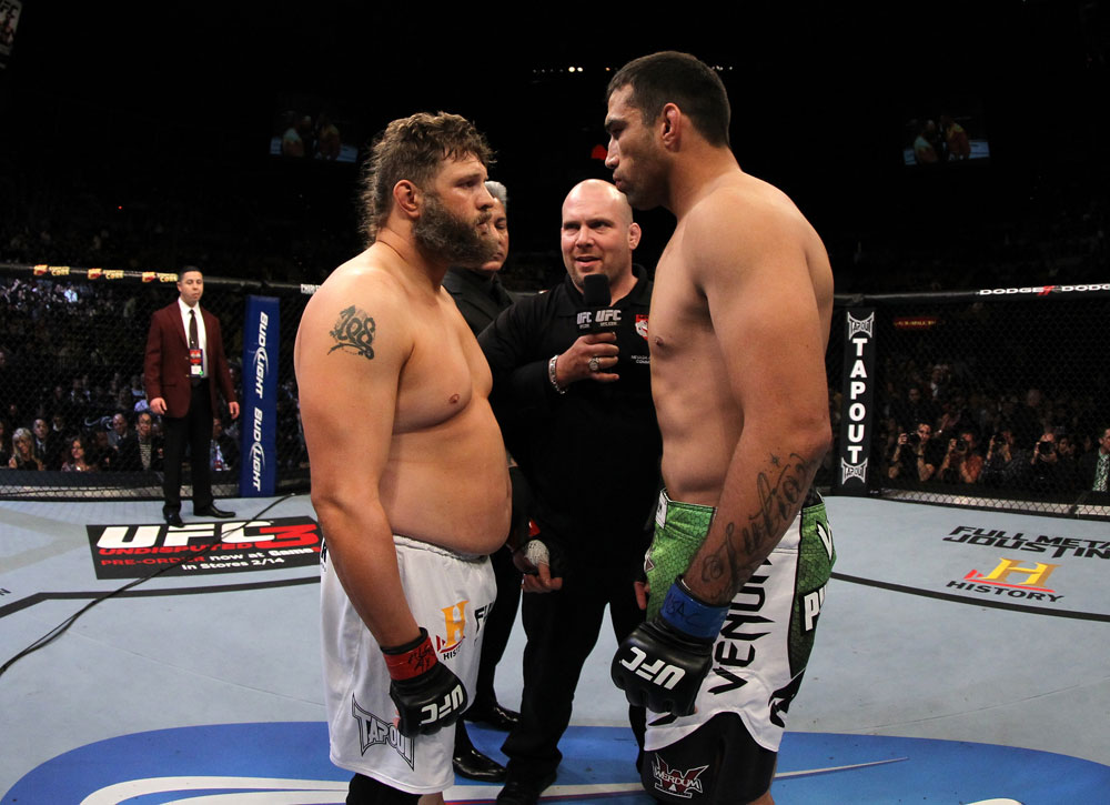 LAS VEGAS, NV - FEBRUARY 04:  (L-R) Roy Nelson and Fabricio Werdum face off before their fight during the UFC 143 event at Mandalay Bay Events Center on February 4, 2012 in Las Vegas, Nevada.  (Photo by Josh Hedges/Zuffa LLC/Zuffa LLC via Getty Images) *** Local Caption *** Fabricio Werdum; Roy Nelson