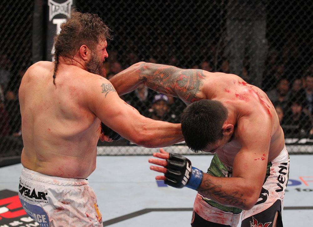 LAS VEGAS, NV - FEBRUARY 04:  (L-R) Roy Nelson punches Fabricio Werdum during the UFC 143 event at Mandalay Bay Events Center on February 4, 2012 in Las Vegas, Nevada.  (Photo by Nick Laham/Zuffa LLC/Zuffa LLC via Getty Images) *** Local Caption *** Roy Nelson; Fabricio Werdum