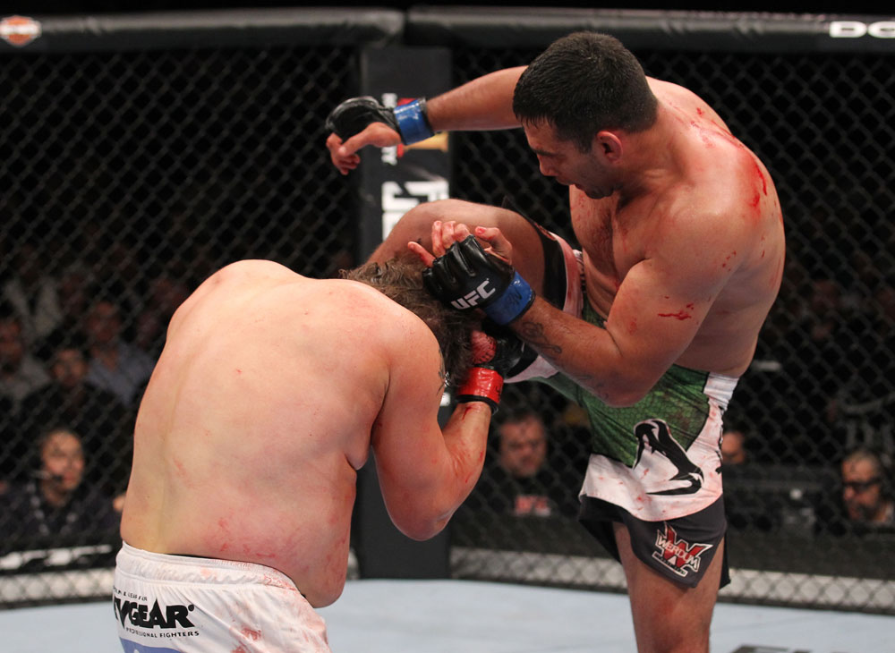 LAS VEGAS, NV - FEBRUARY 04:  Fabricio Werdum (right) knees Roy Nelson during the UFC 143 event at Mandalay Bay Events Center on February 4, 2012 in Las Vegas, Nevada.  (Photo by Nick Laham/Zuffa LLC/Zuffa LLC via Getty Images) *** Local Caption *** Fabricio Werdum; Roy Nelson