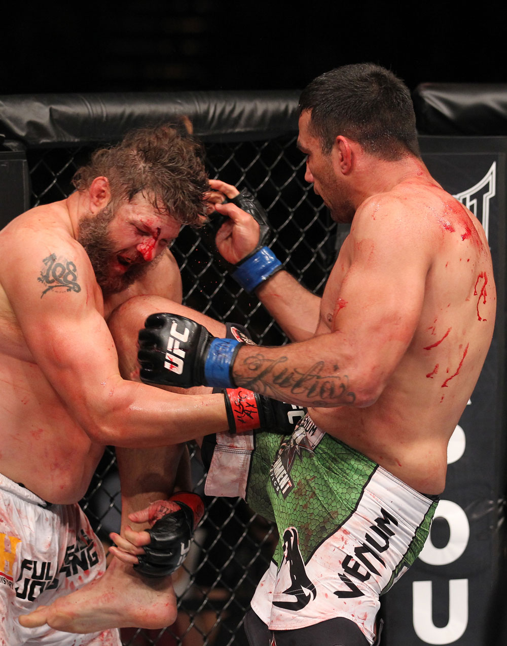 LAS VEGAS, NV - FEBRUARY 04:  Fabricio Werdum (left) knees Roy Nelson during the UFC 143 event at Mandalay Bay Events Center on February 4, 2012 in Las Vegas, Nevada.  (Photo by Nick Laham/Zuffa LLC/Zuffa LLC via Getty Images) *** Local Caption *** Fabricio Werdum; Roy Nelson