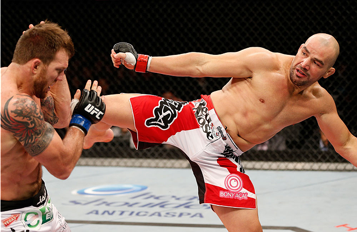 Glover Teixeira kicks <a href='../fighter/Ryan-Bader'>Ryan Bader</a> in their light heavyweight fight during the UFC on FOX Sports 1 event at Mineirinho Arena on September 4, 2013 in Belo Horizonte, Brazil. (Photo by Josh Hedges/Zuffa LLC)
