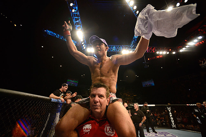 LAS VEGAS, NV - FEBRUARY 02: Jose Aldo reacts to his victory over Frankie Edgar after their featherweight title fight at UFC 156 on February 2, 2013 at the Mandalay Bay Events Center in Las Vegas, Nevada. (Photo by Josh Hedges/Zuffa LLC/Zuffa LLC via Getty Images) *** Local Caption *** Jose Aldo; Frankie Edgar