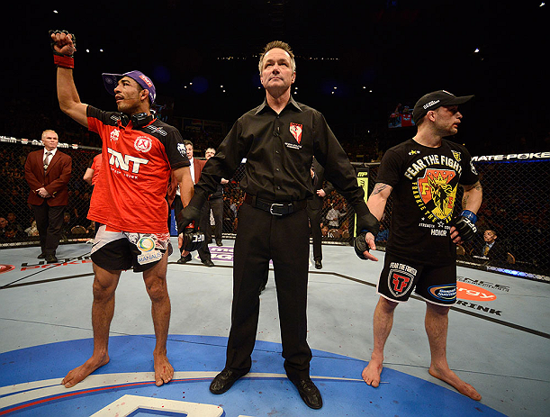 LAS VEGAS, NV - FEBRUARY 02: Jose Aldo (left) and Frankie Edgar (right) await the official decision after their featherweight title fight at UFC 156 on February 2, 2013 at the Mandalay Bay Events Center in Las Vegas, Nevada. (Photo by Donald Miralle/Zuffa LLC/Zuffa LLC via Getty Images) *** Local Caption *** Jose Aldo; Frankie Edgar