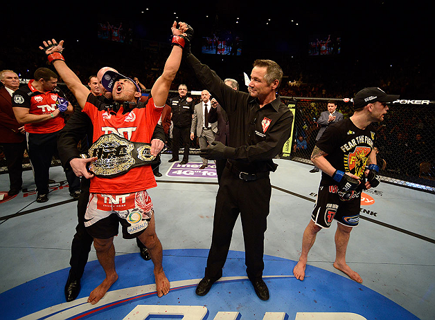 LAS VEGAS, NV - FEBRUARY 02: Jose Aldo (left) reacts to his victory over Frankie Edgar (right) after their featherweight title fight at UFC 156 on February 2, 2013 at the Mandalay Bay Events Center in Las Vegas, Nevada. (Photo by Josh Hedges/Zuffa LLC/Zuffa LLC via Getty Images) *** Local Caption *** Jose Aldo; Frankie Edgar