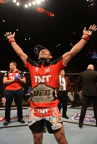 LAS VEGAS, NV - FEBRUARY 02: Jose Aldo reacts to his victory over Frankie Edgar after their featherweight title fight at UFC 156 on February 2, 2013 at the Mandalay Bay Events Center in Las Vegas, Nevada. (Photo by Donald Miralle/Zuffa LLC/Zuffa LLC via Getty Images) *** Local Caption *** Jose Aldo; Frankie Edgar
