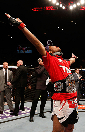 LAS VEGAS, NV - FEBRUARY 02: Jose Aldo reacts to his victory over Frankie Edgar after their featherweight title fight at UFC 156 on February 2, 2013 at the Mandalay Bay Events Center in Las Vegas, Nevada. (Photo by Josh Hedges/Zuffa LLC/Zuffa LLC via Getty Images) *** Local Caption *** Jose Aldo; Frankie Edgar