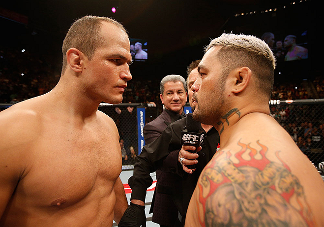 LAS VEGAS, NV - MAY 25:   (L-R) Junior dos Santos and Mark Hunt stare off before  their heavyweight bout during UFC 160 at the MGM Grand Garden Arena on May 25, 2013 in Las Vegas, Nevada.  (Photo by Josh Hedges/Zuffa LLC/Zuffa LLC via Getty Images)  *** Local Caption *** Junior dos Santos; Mark Hunt