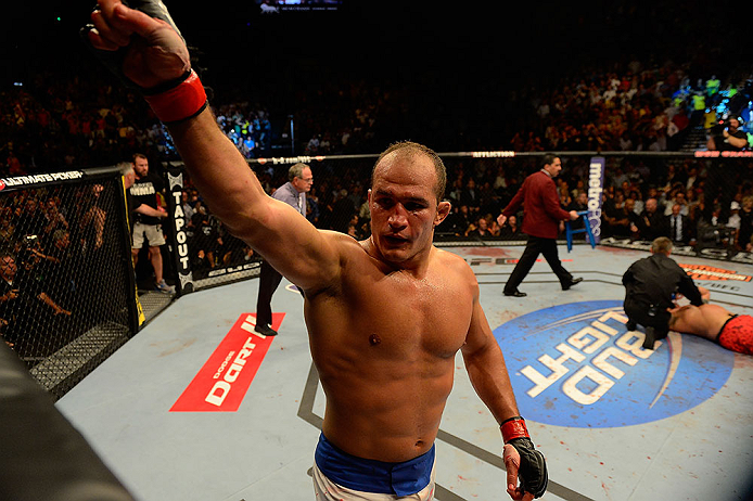 LAS VEGAS, NV - MAY 25:   Junior dos Santos reacts to his knockout victory over Mark Hunt in their heavyweight bout during UFC 160 at the MGM Grand Garden Arena on May 25, 2013 in Las Vegas, Nevada.  (Photo by Donald Miralle/Zuffa LLC/Zuffa LLC via Getty Images)  *** Local Caption *** Junior dos Santos; Mark Hunt