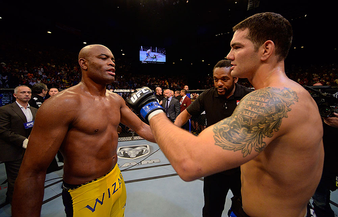 LAS VEGAS, NV - JULY 06:  (L-R) Anderson Silva and Chris Weidman speak after their UFC middleweight championship fight during the UFC 162 event inside the MGM Grand Garden Arena on July 6, 2013 in Las Vegas, Nevada.  (Photo by Donald Miralle/Zuffa LLC/Zuffa LLC via Getty Images) *** Local Caption *** Anderson Silva; Chris Weidman