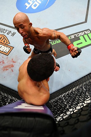 CHICAGO, IL - JANUARY 26:  Demetrious Johnson (Top) punches John Dodson (Bottom) during thier Flyweight Championship Bout part of UFC on FOX at United Center on January 26, 2013 in Chicago, Illinois.  (Photo by Al Bello/Zuffa LLC/Zuffa LLC Via Getty Images)