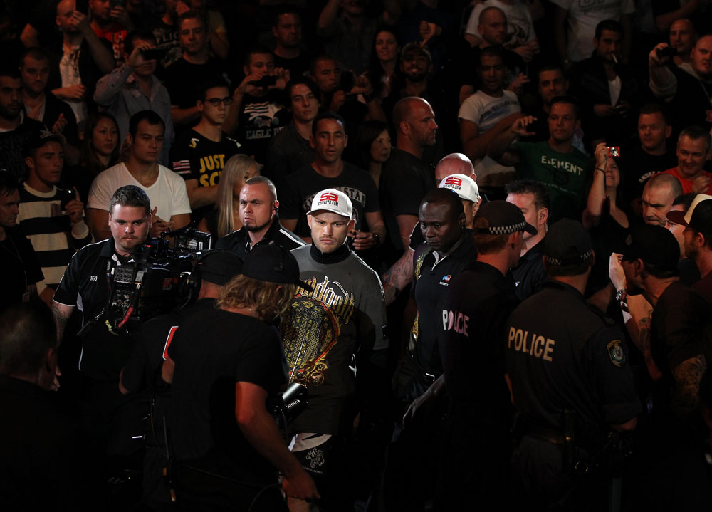 SYDNEY, AUSTRALIA - MARCH 03: Martin Kampmann enters the arena before his welterweight bout against Thiago Alves during the UFC on FX event at Allphones Arena on March 3, 2012 in Sydney, Australia. (Photo by Josh Hedges/Zuffa LLC/Zuffa LLC via Getty Images) *** Local Caption *** Martin Kampmann