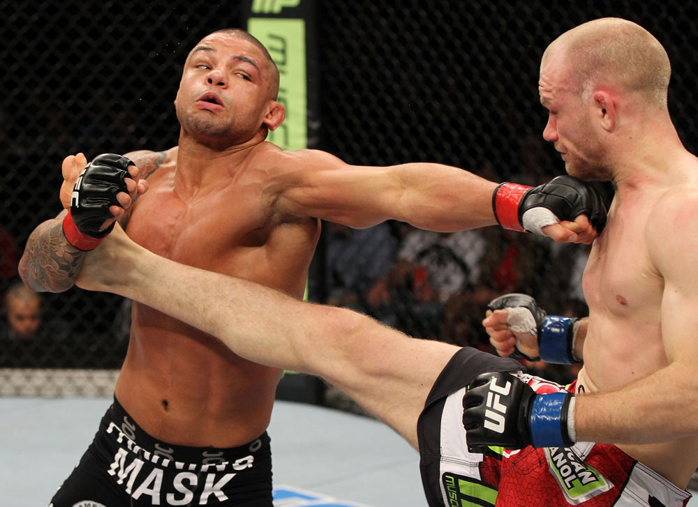 SYDNEY, AUSTRALIA - MARCH 03: (R-L) Martin Kampmann and Thiago Alves trade strikes in a welterweight bout during the UFC on FX event at Allphones Arena on March 3, 2012 in Sydney, Australia. (Photo by Josh Hedges/Zuffa LLC/Zuffa LLC via Getty Images) *** Local Caption *** Thiago Alves; Martin Kampmann