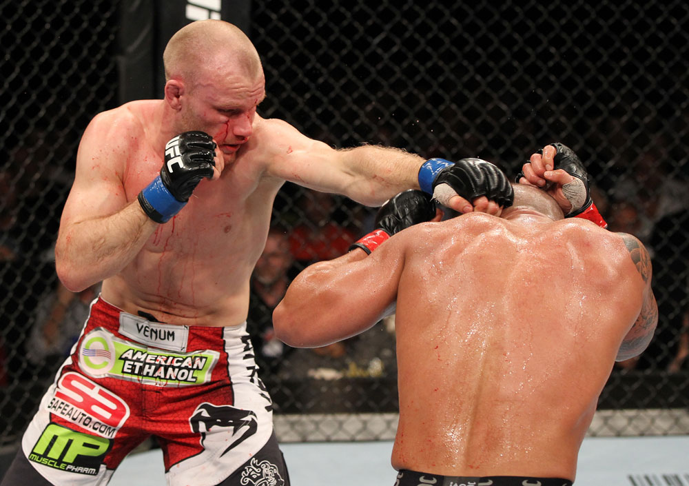 SYDNEY, AUSTRALIA - MARCH 03: (L-R) Martin Kampmann punches Thiago Alves in a welterweight bout during the UFC on FX event at Allphones Arena on March 3, 2012 in Sydney, Australia. (Photo by Josh Hedges/Zuffa LLC/Zuffa LLC via Getty Images) *** Local Caption *** Thiago Alves; Martin Kampmann