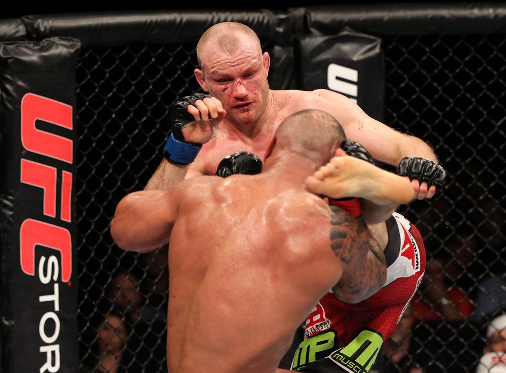 SYDNEY, AUSTRALIA - MARCH 03: (L-R) Martin Kampmann kicks Thiago Alves in a welterweight bout during the UFC on FX event at Allphones Arena on March 3, 2012 in Sydney, Australia. (Photo by Josh Hedges/Zuffa LLC/Zuffa LLC via Getty Images) *** Local Caption *** Thiago Alves; Martin Kampmann