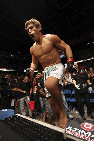 CALGARY, CANADA - JULY 21:  Urijah Faber enters the Octagon prior to facing Renan Barao during their UFC interim bantamweight championship bout at UFC 149 inside the Scotiabank Saddledome on July 21, 2012 in Calgary, Alberta, Canada.  (Photo by Nick Laham/Zuffa LLC/Zuffa LLC via Getty Images)