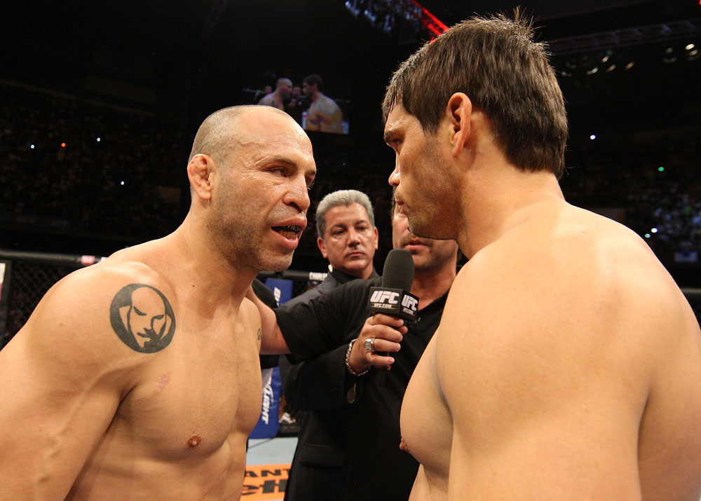 BELO HORIZONTE, BRAZIL - JUNE 23: (L-R) Opponents Wanderlei Silva and Rich Franklin receive final instructions from the referee before their UFC 147 catchweight bout at Estadio Jornalista Felipe Drummond on June 23, 2012 in Belo Horizonte, Brazil. (Photo by Josh Hedges/Zuffa LLC/Zuffa LLC via Getty Images)