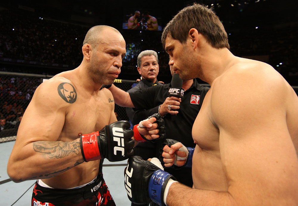BELO HORIZONTE, BRAZIL - JUNE 23: (L-R) Opponents Wanderlei Silva and Rich Franklin receive final instructions from the referee before their UFC 147 catchweight bout at Estadio Jornalista Felipe Drummond on June 23, 2012 in Belo Horizonte, Brazil. (Photo by Josh Hedges/Zuffa LLC/Zuffa LLC via Getty Images)