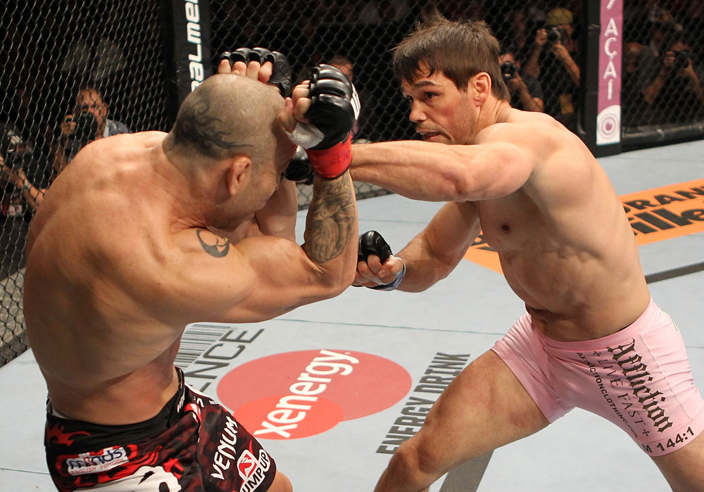 BELO HORIZONTE, BRAZIL - JUNE 23: (R-L) Rich Franklin punches Wanderlei Silva during their UFC 147 catchweight bout at Estadio Jornalista Felipe Drummond on June 23, 2012 in Belo Horizonte, Brazil. (Photo by Josh Hedges/Zuffa LLC/Zuffa LLC via Getty Images)