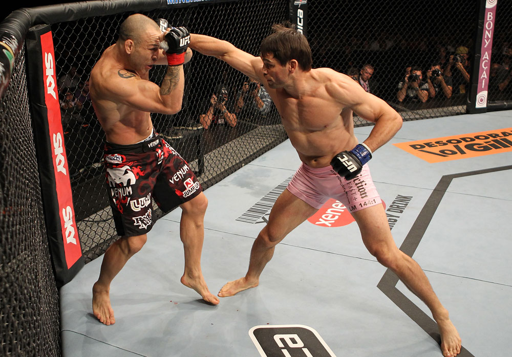 BELO HORIZONTE, BRAZIL - JUNE 23: (R-L) Rich Franklin punches Wanderlei Silva during their UFC 147 catchweight bout at Estadio Jornalista Felipe Drummond on June 23, 2012 in Belo Horizonte, Brazil. (Photo by Josh Hedges/Zuffa LLC/Zuffa LLC via Getty Images)