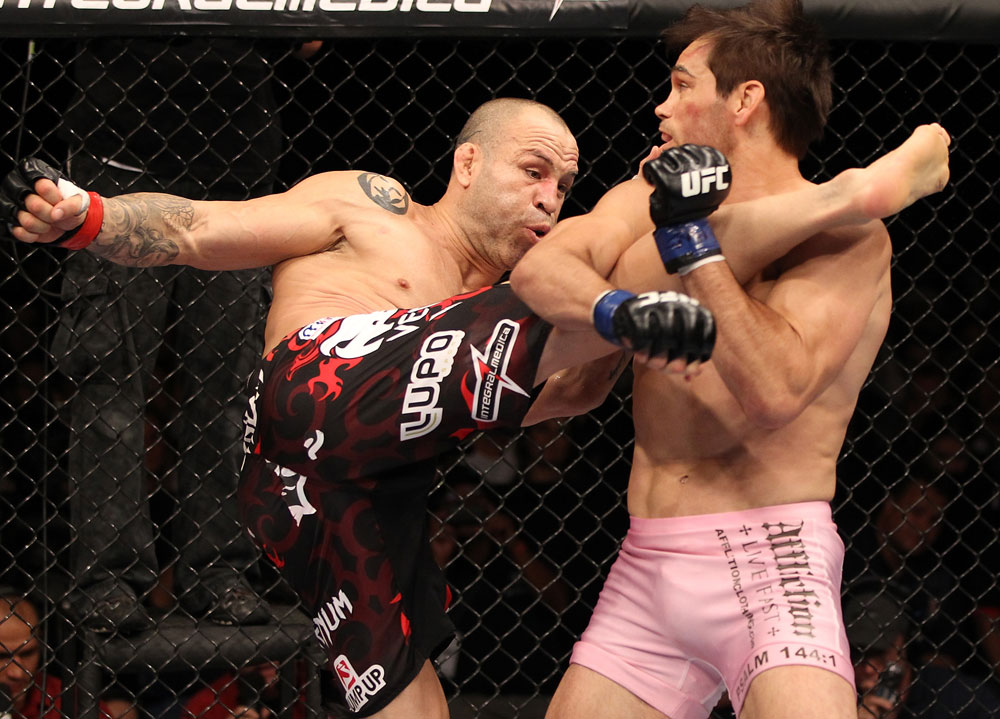 BELO HORIZONTE, BRAZIL - JUNE 23: (L-R) Wanderlei Silva kicks Rich Franklin during their UFC 147 catchweight bout at Estadio Jornalista Felipe Drummond on June 23, 2012 in Belo Horizonte, Brazil. (Photo by Josh Hedges/Zuffa LLC/Zuffa LLC via Getty Images)