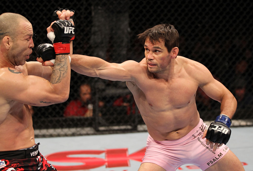BELO HORIZONTE, BRAZIL - JUNE 23: (R-L) Rich Franklin punches Wanderlei Silva during their UFC 147 catchweight bout at Estadio Jornalista Felipe Drummond on June 23, 2012 in Belo Horizonte, Brazil. (Photo by Josh Hedges/Zuffa LLC/Zuffa LLC via Getty Images)