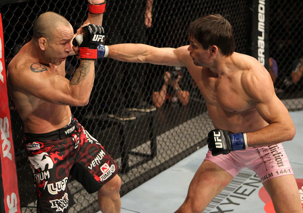 BELO HORIZONTE, BRAZIL - JUNE 23: (R-L) Rich Franklin punches Wanderlei Silva during their UFC 147 catchweight bout at Estadio Jornalista Felipe Drummond on June 23, 2012 in Belo Horizonte, Brazil. (Photo by Josh Hedges/Zuffa LLC/Zuffa LLC via Getty Images)