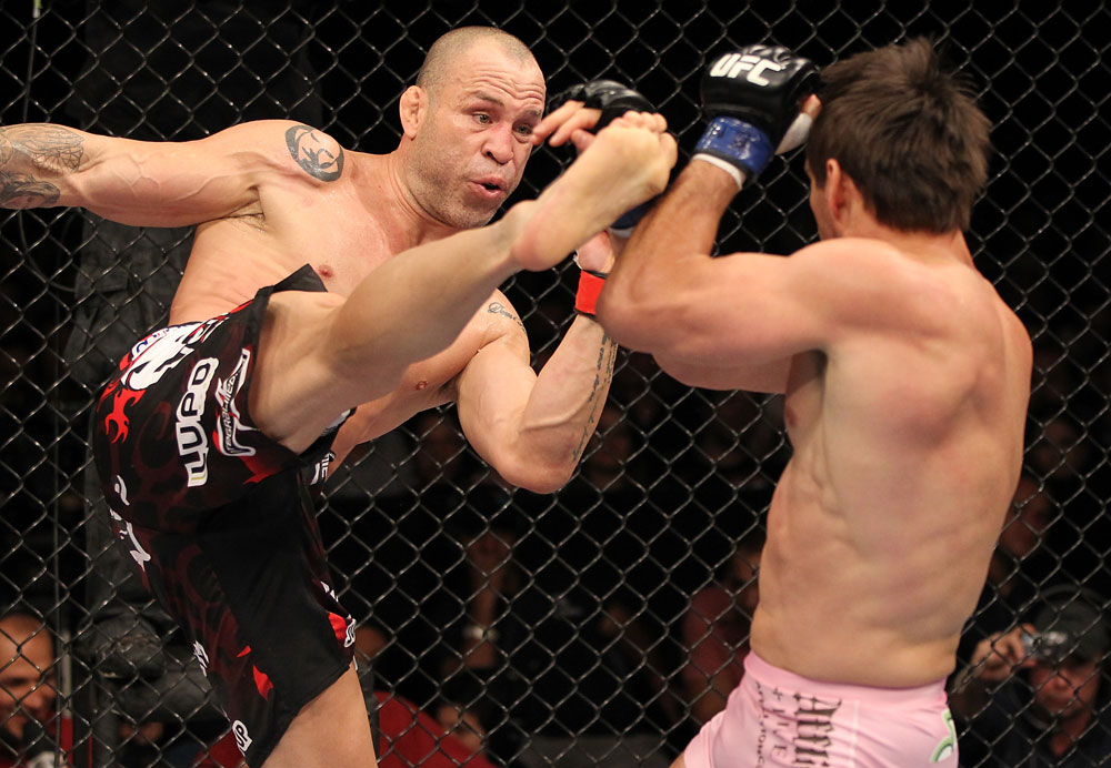 BELO HORIZONTE, BRAZIL - JUNE 23: (L-R) Wanderlei Silva kicks Rich Franklin during their UFC 147 catchweight bout at Estadio Jornalista Felipe Drummond on June 23, 2012 in Belo Horizonte, Brazil. (Photo by Josh Hedges/Zuffa LLC/Zuffa LLC via Getty Images)