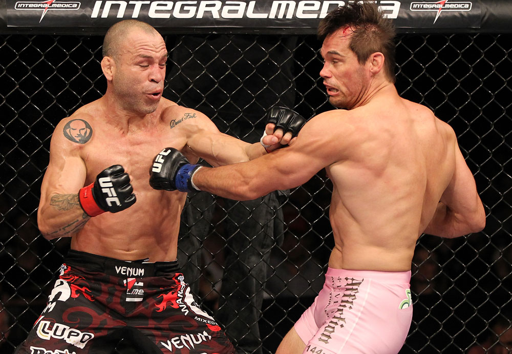 BELO HORIZONTE, BRAZIL - JUNE 23: (L-R) Wanderlei Silva punches Rich Franklin during their UFC 147 catchweight bout at Estadio Jornalista Felipe Drummond on June 23, 2012 in Belo Horizonte, Brazil. (Photo by Josh Hedges/Zuffa LLC/Zuffa LLC via Getty Images)