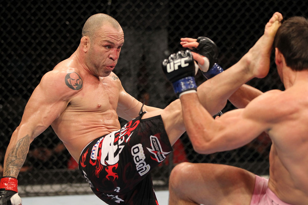 BELO HORIZONTE, BRAZIL - JUNE 23: (L-R) Wanderlei Silva kicks Rich Franklin during their UFC 147 catchweight bout at Estadio Jornalista Felipe Drummond on June 23, 2012 in Belo Horizonte, Brazil. (Photo by Josh Hedges/Zuffa LLC/Zuffa LLC via Getty Images)