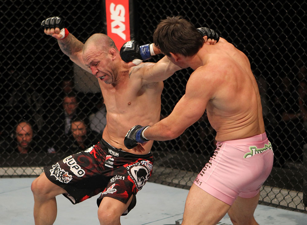 BELO HORIZONTE, BRAZIL - JUNE 23: (R-L) Rich Franklin punches Wanderlei Silva during their UFC 147 catchweight bout at Estadio Jornalista Felipe Drummond on June 23, 2012 in Belo Horizonte, Brazil. (Photo by Josh Hedges/Zuffa LLC/Zuffa LLC via Getty Images)