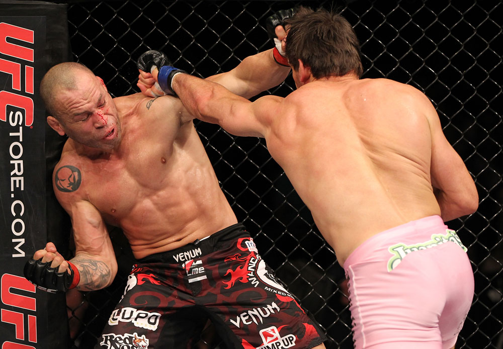 BELO HORIZONTE, BRAZIL - JUNE 23: (R-L) Rich Franklin punches Wanderlei Silva during their UFC 147 catchweight bout at Estadio Jornalista Felipe Drummond on June 23, 2012 in Belo Horizonte, Brazil. (Photo by Josh Hedges/Zuffa LLC/Zuffa LLC via Getty Images)