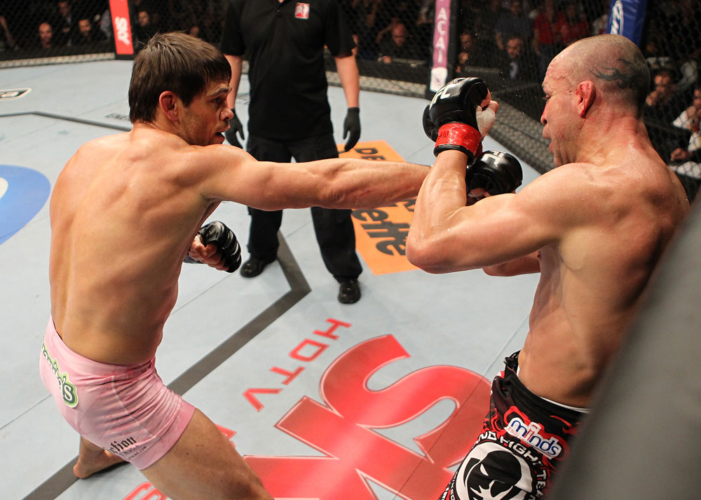 BELO HORIZONTE, BRAZIL - JUNE 23: (L-R) Rich Franklin punches Wanderlei Silva during their UFC 147 catchweight bout at Estadio Jornalista Felipe Drummond on June 23, 2012 in Belo Horizonte, Brazil. (Photo by Josh Hedges/Zuffa LLC/Zuffa LLC via Getty Images)