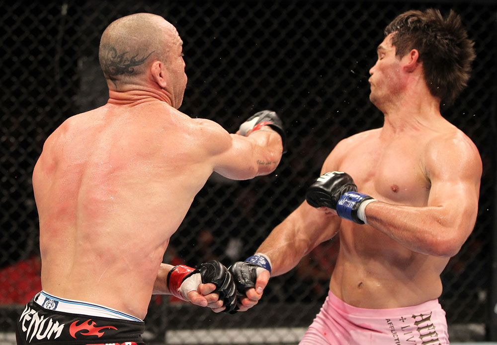 BELO HORIZONTE, BRAZIL - JUNE 23: (L-R) Wanderlei Silva punches Rich Franklin during their UFC 147 catchweight bout at Estadio Jornalista Felipe Drummond on June 23, 2012 in Belo Horizonte, Brazil. (Photo by Josh Hedges/Zuffa LLC/Zuffa LLC via Getty Images)