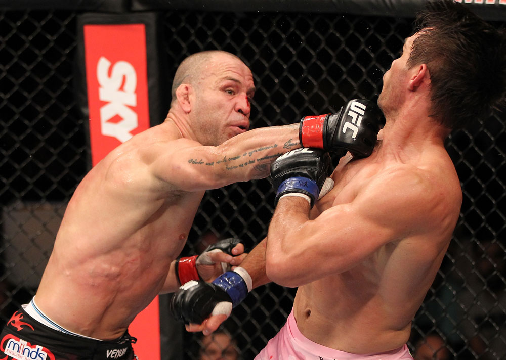 BELO HORIZONTE, BRAZIL - JUNE 23: (L-R) Wanderlei Silva lands a punch that drops Rich Franklin during their UFC 147 catchweight bout at Estadio Jornalista Felipe Drummond on June 23, 2012 in Belo Horizonte, Brazil. (Photo by Josh Hedges/Zuffa LLC/Zuffa LLC via Getty Images)