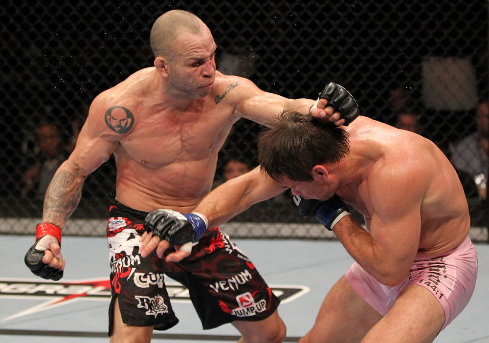 BELO HORIZONTE, BRAZIL - JUNE 23: (L-R) Wanderlei Silva punches Rich Franklin during their UFC 147 catchweight bout at Estadio Jornalista Felipe Drummond on June 23, 2012 in Belo Horizonte, Brazil. (Photo by Josh Hedges/Zuffa LLC/Zuffa LLC via Getty Images)