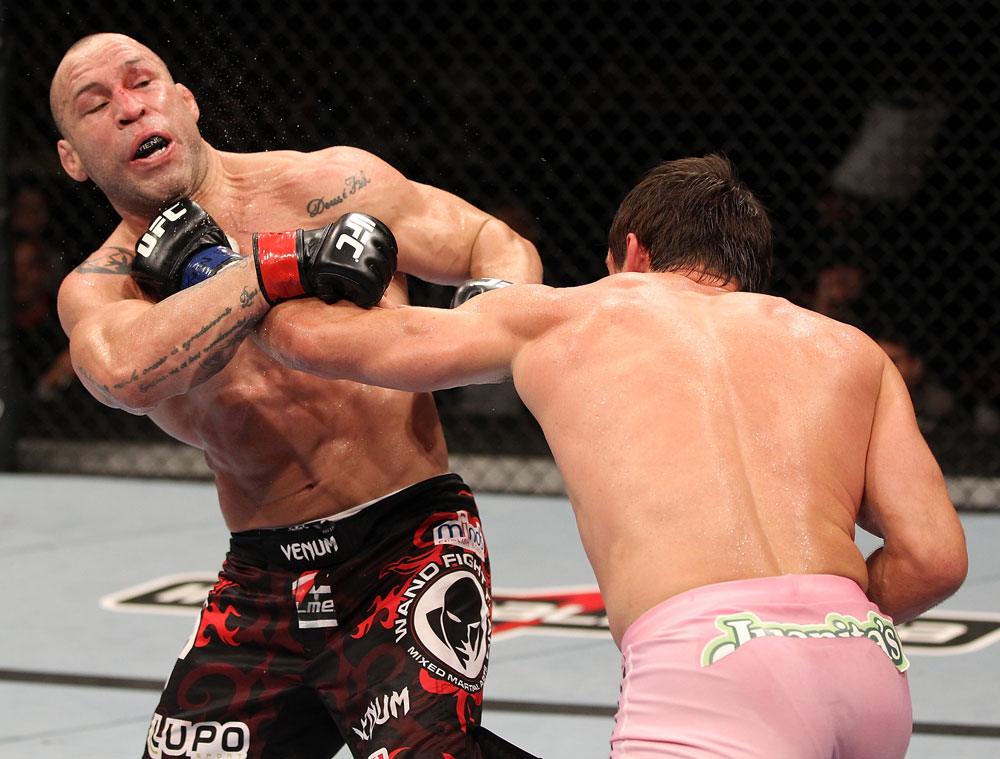 BELO HORIZONTE, BRAZIL - JUNE 23: (R-L) Rich Franklin punches Wanderlei Silva during their UFC 147 catchweight bout at Estadio Jornalista Felipe Drummond on June 23, 2012 in Belo Horizonte, Brazil. (Photo by Josh Hedges/Zuffa LLC/Zuffa LLC via Getty Images)