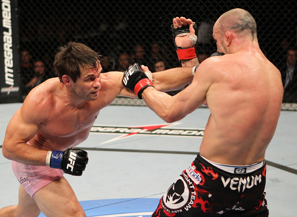 BELO HORIZONTE, BRAZIL - JUNE 23: (L-R) Rich Franklin punches Wanderlei Silva during their UFC 147 catchweight bout at Estadio Jornalista Felipe Drummond on June 23, 2012 in Belo Horizonte, Brazil. (Photo by Josh Hedges/Zuffa LLC/Zuffa LLC via Getty Images)