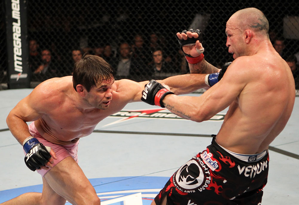 BELO HORIZONTE, BRAZIL - JUNE 23: (L-R) Rich Franklin punches Wanderlei Silva during their UFC 147 catchweight bout at Estadio Jornalista Felipe Drummond on June 23, 2012 in Belo Horizonte, Brazil. (Photo by Josh Hedges/Zuffa LLC/Zuffa LLC via Getty Images)