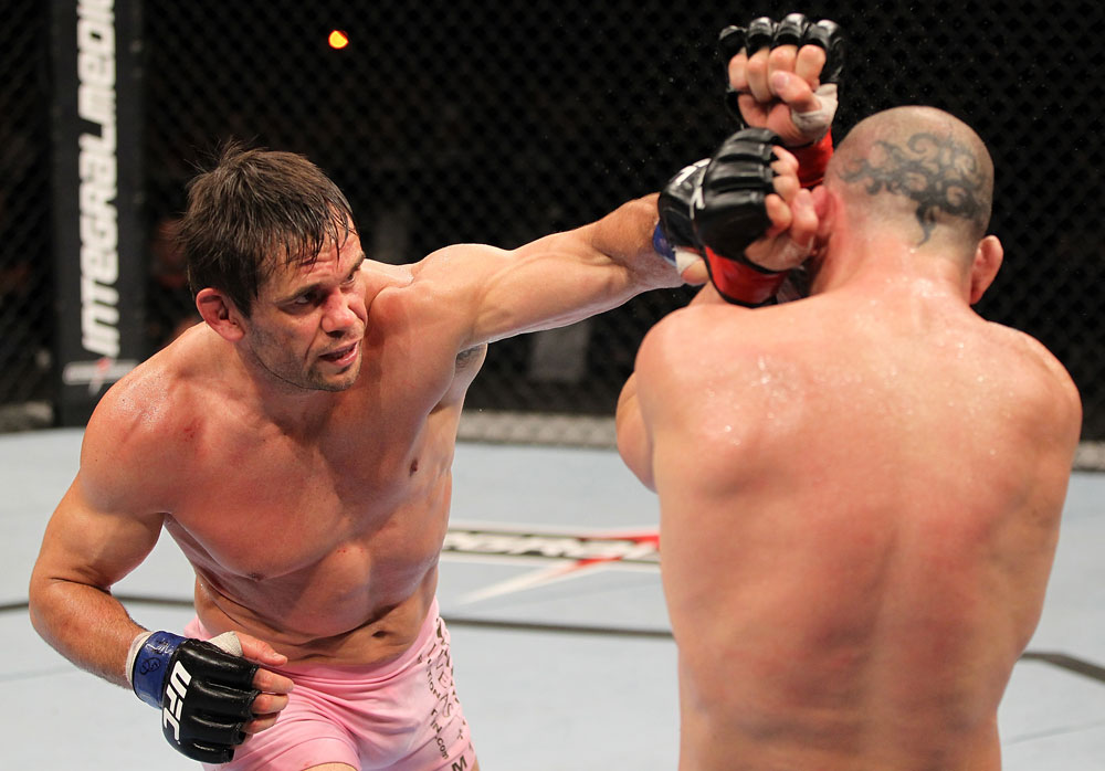 BELO HORIZONTE, BRAZIL - JUNE 23: (L-R) Rich Franklin punches Wanderlei Silva during their UFC 147 catchweight bout at Estadio Jornalista Felipe Drummond on June 23, 2012 in Belo Horizonte, Brazil. (Photo by Josh Hedges/Zuffa LLC/Zuffa LLC via Getty Images)
