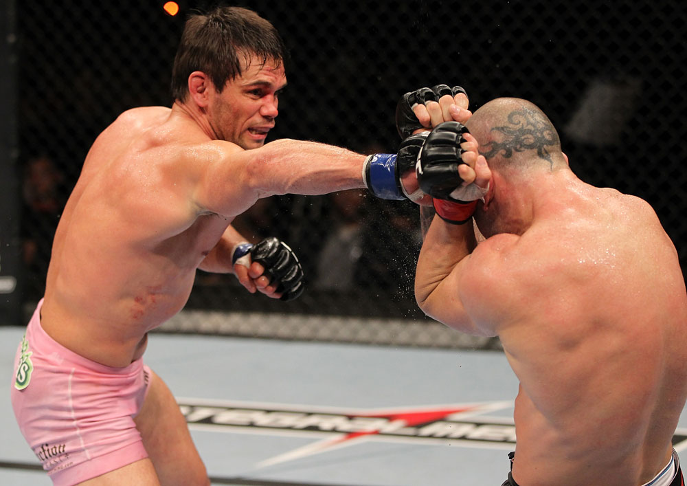 BELO HORIZONTE, BRAZIL - JUNE 23: (L-R) Rich Franklin punches Wanderlei Silva during their UFC 147 catchweight bout at Estadio Jornalista Felipe Drummond on June 23, 2012 in Belo Horizonte, Brazil. (Photo by Josh Hedges/Zuffa LLC/Zuffa LLC via Getty Images)