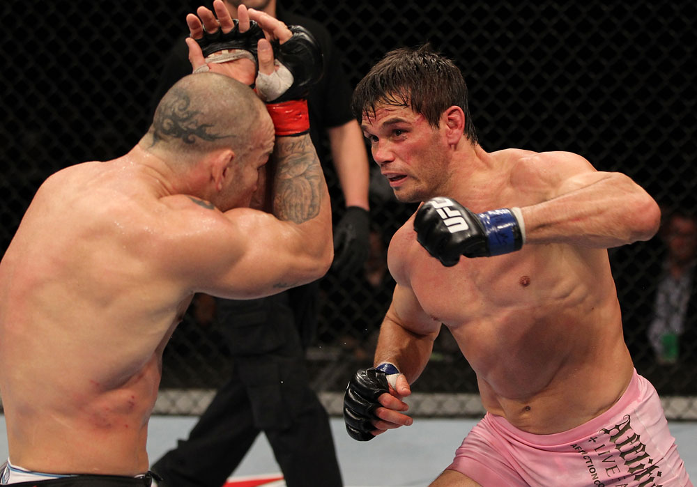 BELO HORIZONTE, BRAZIL - JUNE 23: (R-L) Rich Franklin punches Wanderlei Silva during their UFC 147 catchweight bout at Estadio Jornalista Felipe Drummond on June 23, 2012 in Belo Horizonte, Brazil. (Photo by Josh Hedges/Zuffa LLC/Zuffa LLC via Getty Images)