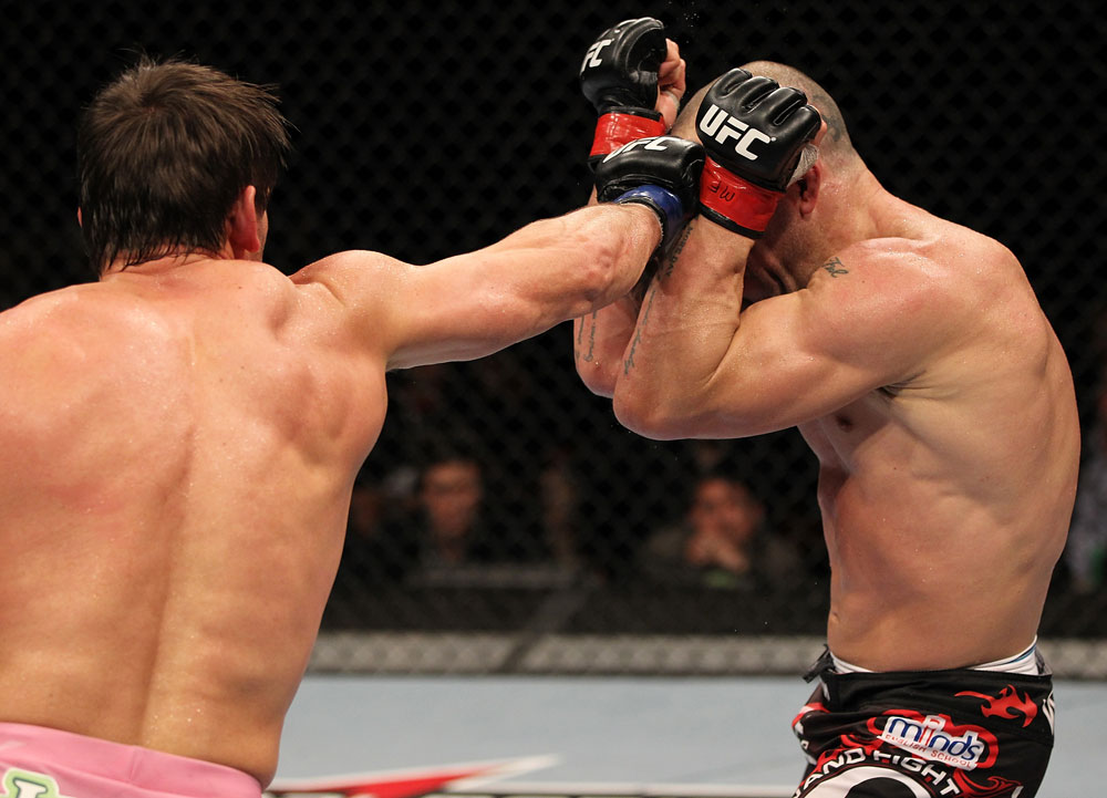 BELO HORIZONTE, BRAZIL - JUNE 23: (L-R) Rich Franklin punches Wanderlei Silva during their UFC 147 catchweight bout at Estadio Jornalista Felipe Drummond on June 23, 2012 in Belo Horizonte, Brazil. (Photo by Josh Hedges/Zuffa LLC/Zuffa LLC via Getty Images)