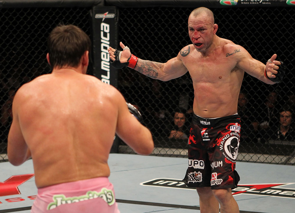 BELO HORIZONTE, BRAZIL - JUNE 23: (R-L) Wanderlei Silva taunts Rich Franklin during their UFC 147 catchweight bout at Estadio Jornalista Felipe Drummond on June 23, 2012 in Belo Horizonte, Brazil. (Photo by Josh Hedges/Zuffa LLC/Zuffa LLC via Getty Images)