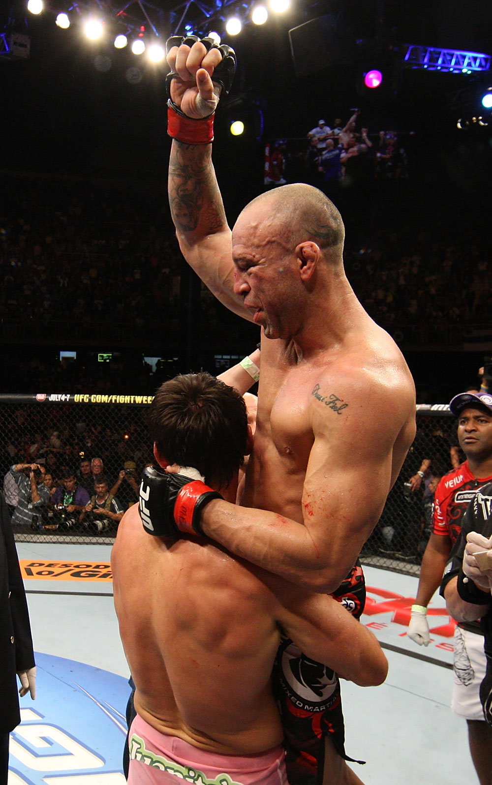 BELO HORIZONTE, BRAZIL - JUNE 23: (L-R) Rich Franklin hugs Wanderlei Silva after their five-round UFC 147 catchweight bout at Estadio Jornalista Felipe Drummond on June 23, 2012 in Belo Horizonte, Brazil. (Photo by Josh Hedges/Zuffa LLC/Zuffa LLC via Getty Images)