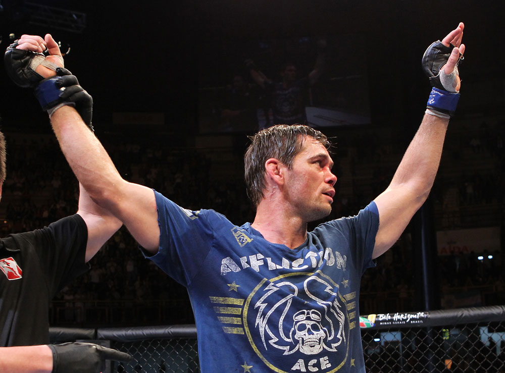 BELO HORIZONTE, BRAZIL - JUNE 23: Rich Franklin reacts after defeating Wanderlei Silva during their UFC 147 middleweight bout at Estadio Jornalista Felipe Drummond on June 23, 2012 in Belo Horizonte, Brazil. (Photo by Josh Hedges/Zuffa LLC/Zuffa LLC via Getty Images)